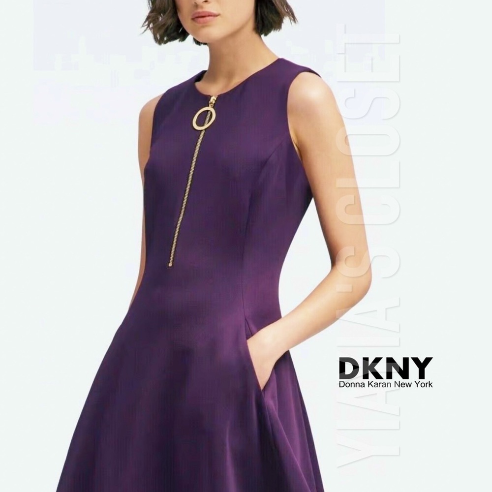 DKNY Women's 10 Purple Sleeveless Scuba Zip-Up-Pull Fit & Flare Cocktail Dress